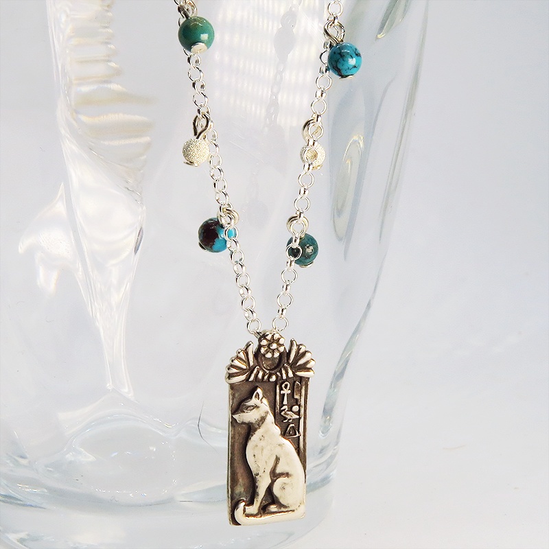 プレート タグ ペンダント ネックレス 猫の神様バステト エジプト神 シルバー925 ターコイズ(トルコ石) アンティーク