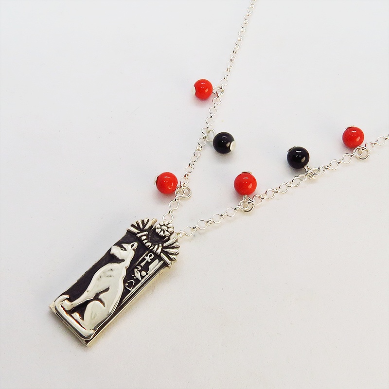 プレート タグ ペンダント ネックレス 猫の神様バステト エジプト神 シルバー925 珊瑚(サンゴ) オニキス アンティーク