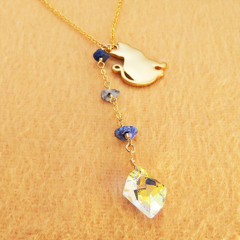 猫シルエットモチーフネックレス スワロフスキー・クリスタル(クリスタルオーロラ) ラピスラズリ 14KGF ゴールドフィルド
