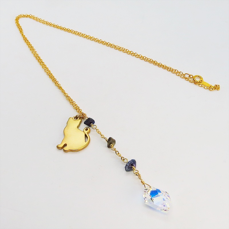 猫シルエットモチーフネックレス スワロフスキー・クリスタル(クリスタルオーロラ) ラピスラズリ 14KGF ゴールドフィルド