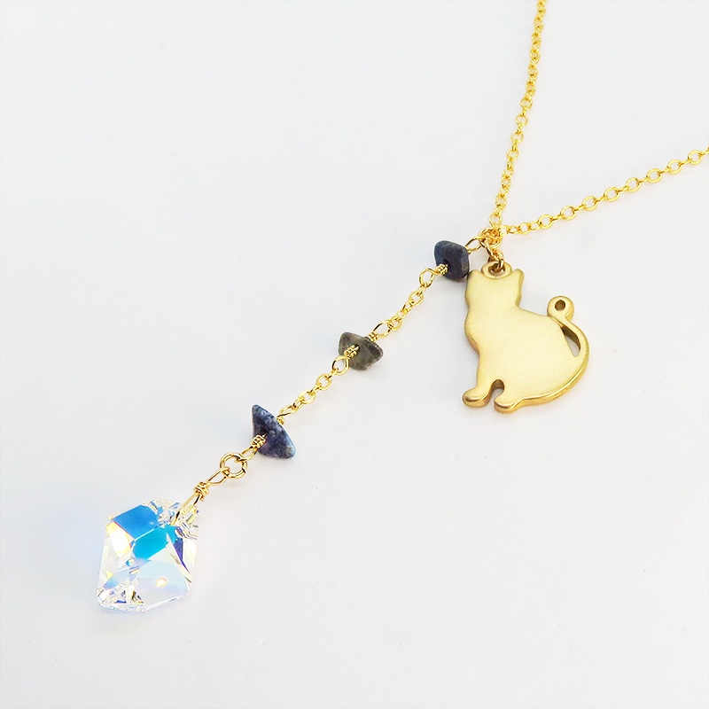 猫シルエットモチーフネックレス スワロフスキー・クリスタル(クリスタルオーロラ) ラピスラズリ 14KGF ゴールドフィルド