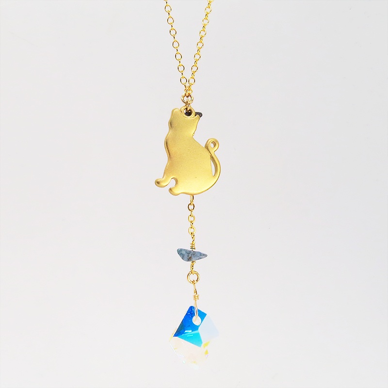 猫シルエットモチーフネックレス スワロフスキー・クリスタル(クリスタルオーロラ) ラピスラズリ 14KGF ゴールドフィルド