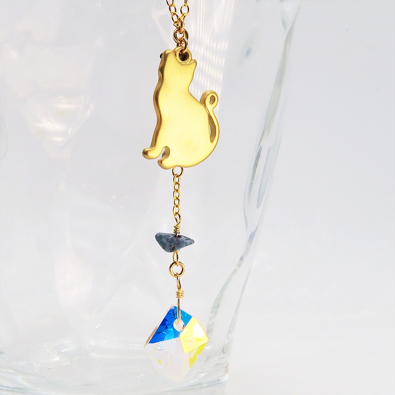 猫シルエットモチーフネックレス スワロフスキー・クリスタル(クリスタルオーロラ) ラピスラズリ 14KGF ゴールドフィルド