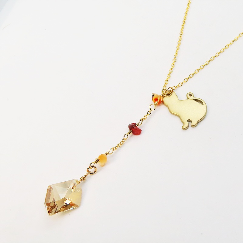 猫シルエットモチーフネックレス スワロフスキー・クリスタル(ゴールドシャドー) カーネリアン 14KGF ゴールドフィルド