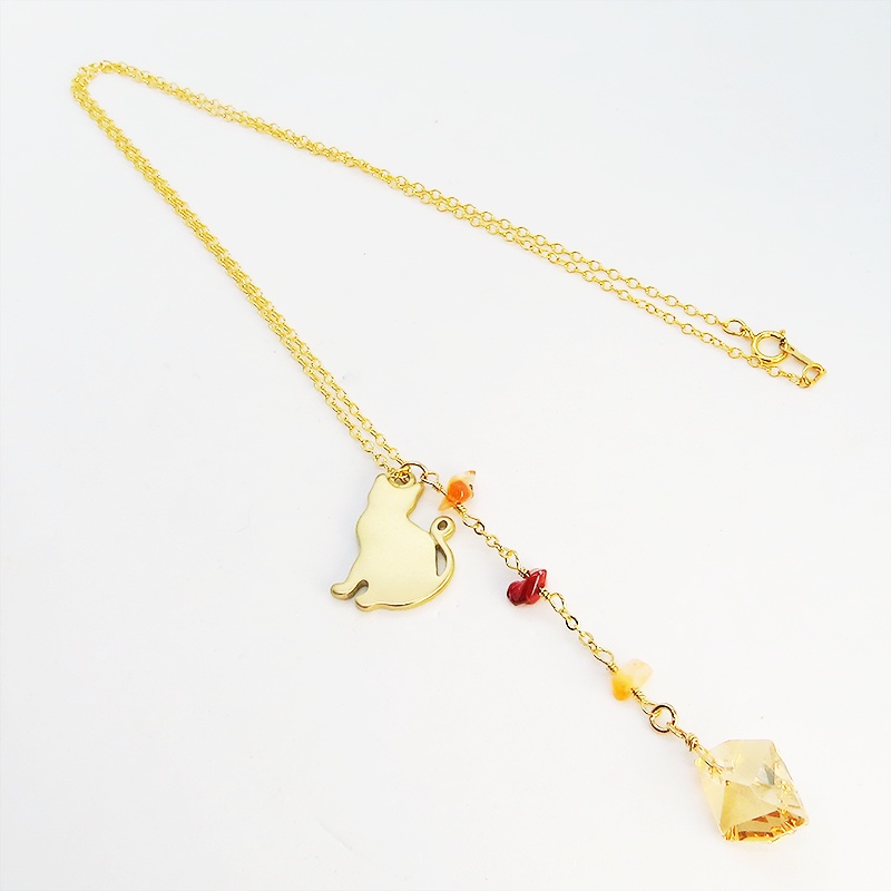 猫シルエットモチーフネックレス スワロフスキー・クリスタル(ゴールドシャドー) カーネリアン 14KGF ゴールドフィルド