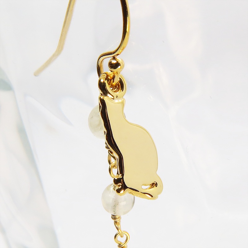 14KGF 猫モチーフチェーンピアス 大粒星型スワロフスキーと3連レモンクオーツ シルバー925 14Kゴールドフィルド