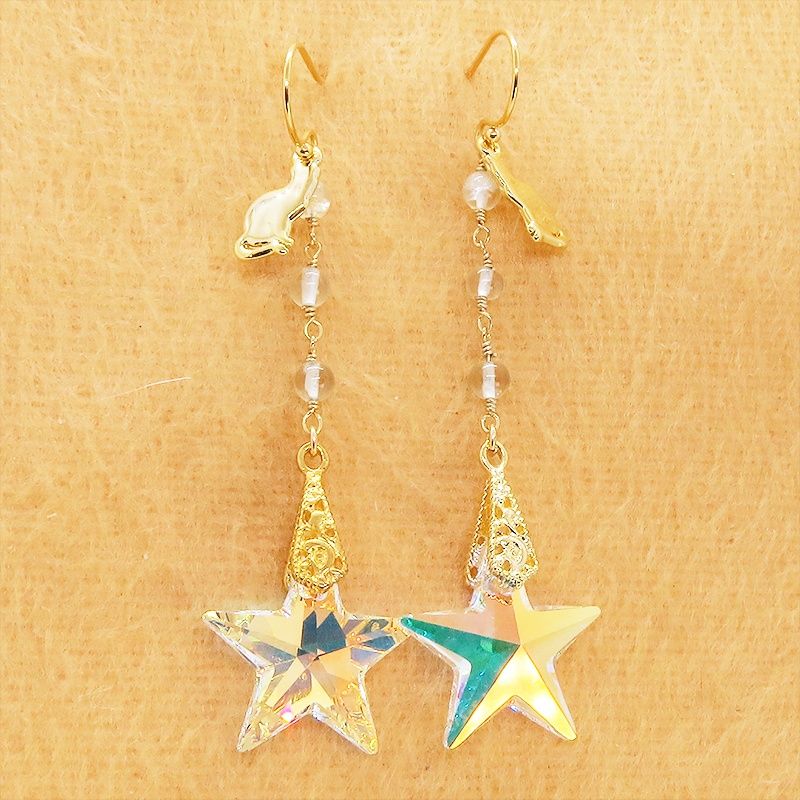 14KGF 猫モチーフチェーンピアス 大粒星型スワロフスキーと3連レモンクオーツ シルバー925 14Kゴールドフィルド