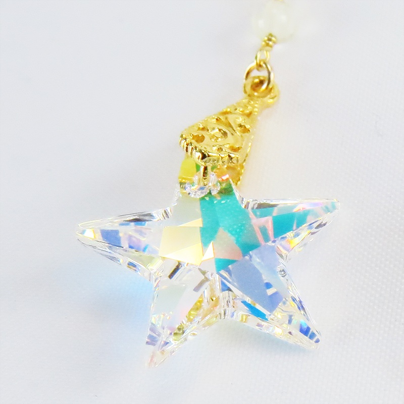 14KGF 猫モチーフチェーンピアス 大粒星型スワロフスキーと3連レモンクオーツ シルバー925 14Kゴールドフィルド