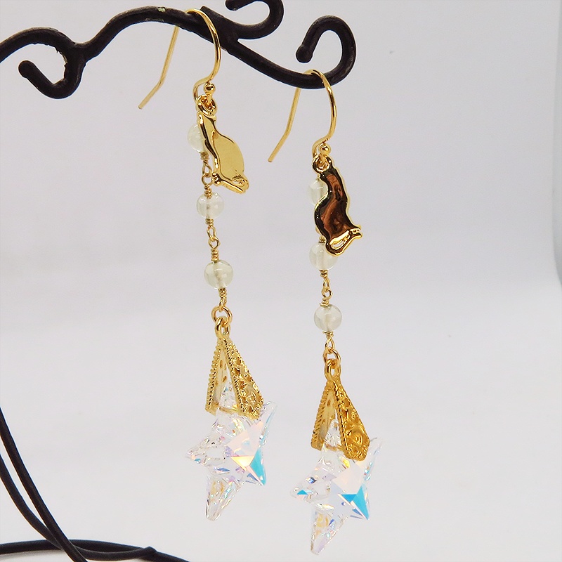 14KGF 猫モチーフチェーンピアス 大粒星型スワロフスキーと3連レモンクオーツ シルバー925 14Kゴールドフィルド