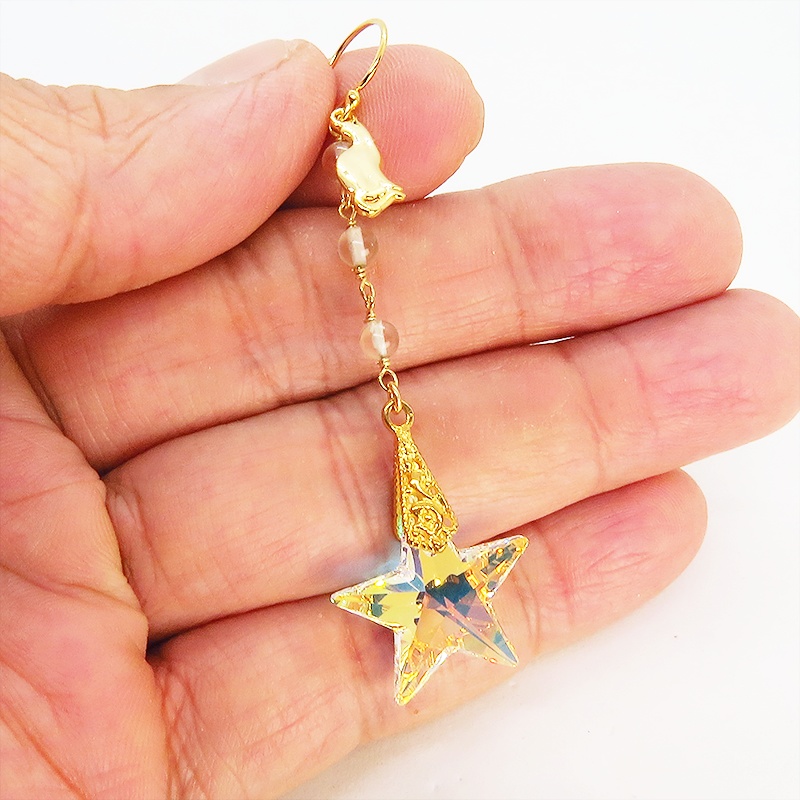 14KGF 猫モチーフチェーンピアス 大粒星型スワロフスキーと3連レモンクオーツ シルバー925 14Kゴールドフィルド