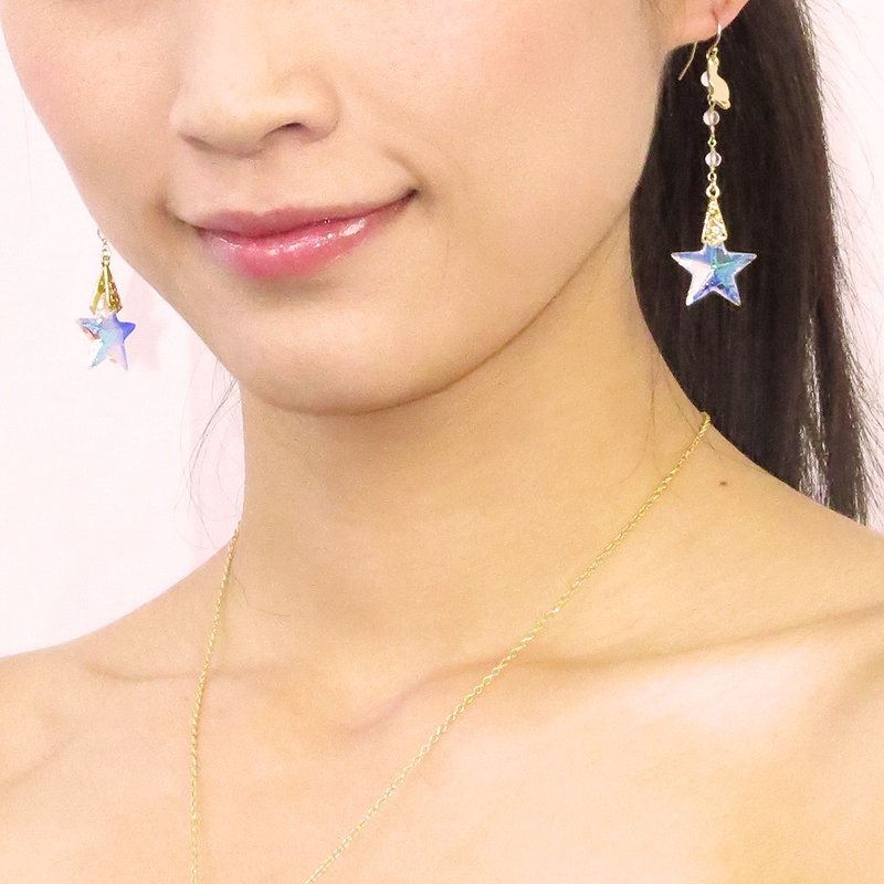 14KGF 猫モチーフチェーンピアス 大粒星型スワロフスキーと3連レモンクオーツ シルバー925 14Kゴールドフィルド