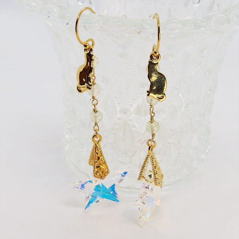 14KGF 猫モチーフチェーンピアス 大粒星型スワロフスキーと3連レモンクオーツ シルバー925 14Kゴールドフィルド