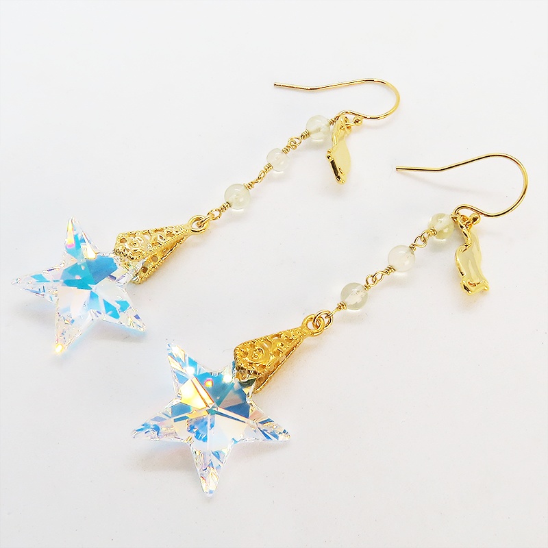 14KGF 猫モチーフチェーンピアス 大粒星型スワロフスキーと3連レモンクオーツ シルバー925 14Kゴールドフィルド