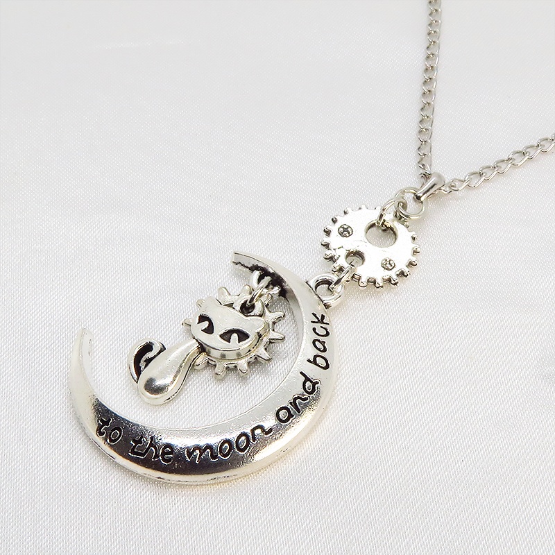 アンティークシルバー 猫と三日月と歯車・ギアのネックレス スチームパンク風 アジャスター付 SV925可 長さ変更可