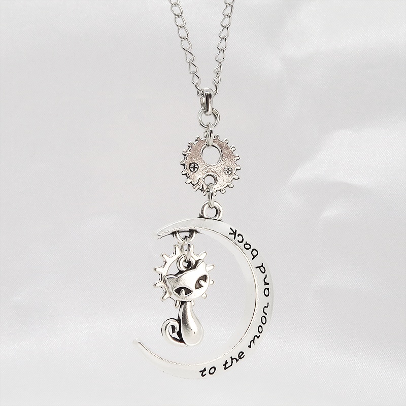 アンティークシルバー 猫と三日月と歯車・ギアのネックレス スチームパンク風 アジャスター付 SV925可 長さ変更可