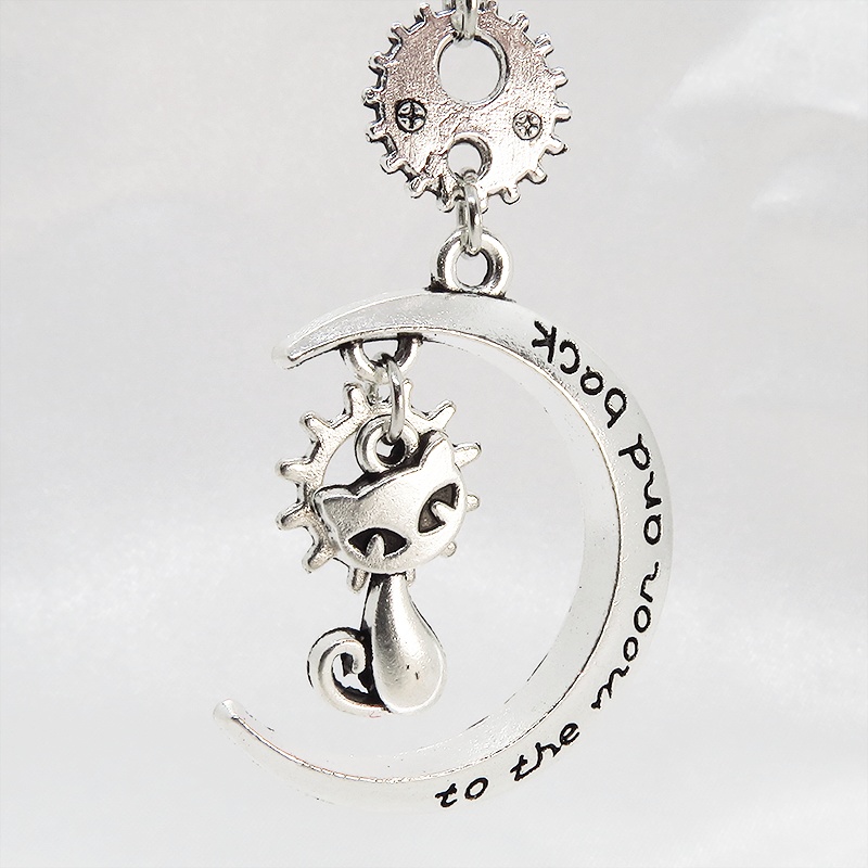 アンティークシルバー 猫と三日月と歯車・ギアのネックレス スチームパンク風 アジャスター付 SV925可 長さ変更可