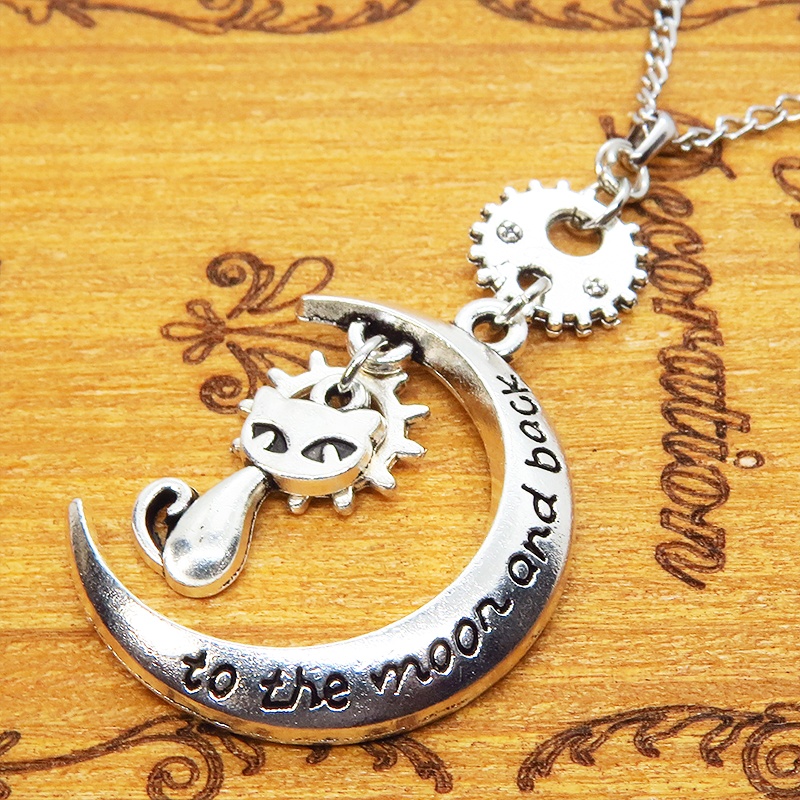 アンティークシルバー 猫と三日月と歯車・ギアのネックレス スチームパンク風 アジャスター付 SV925可 長さ変更可