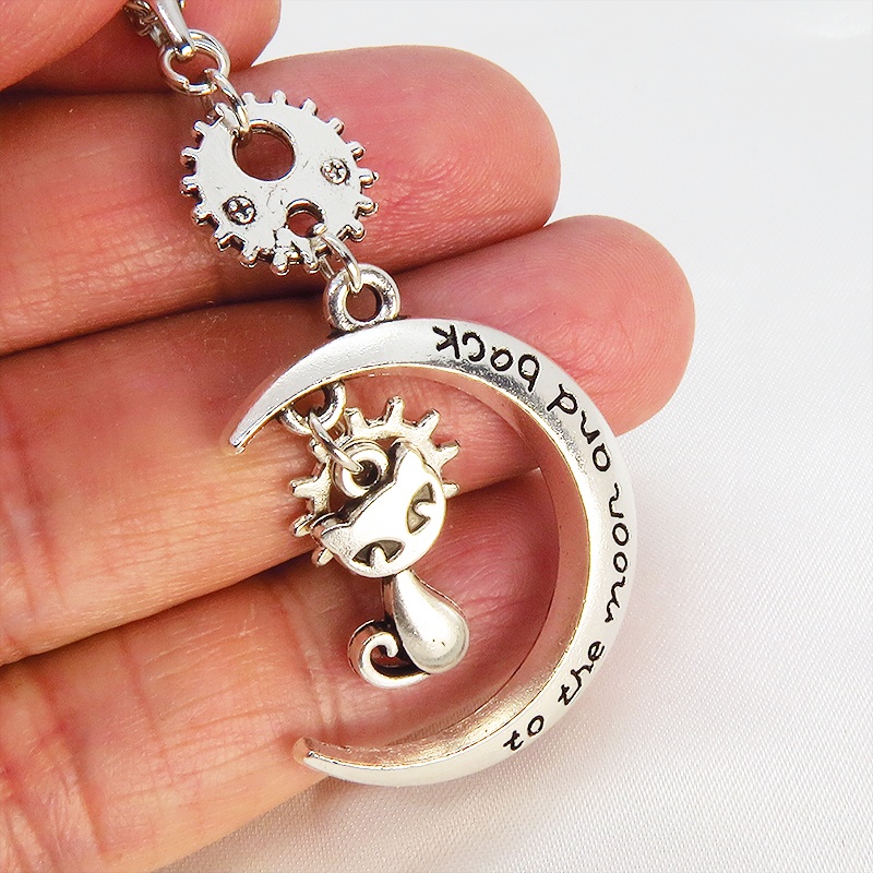 アンティークシルバー 猫と三日月と歯車・ギアのネックレス スチームパンク風 アジャスター付 SV925可 長さ変更可