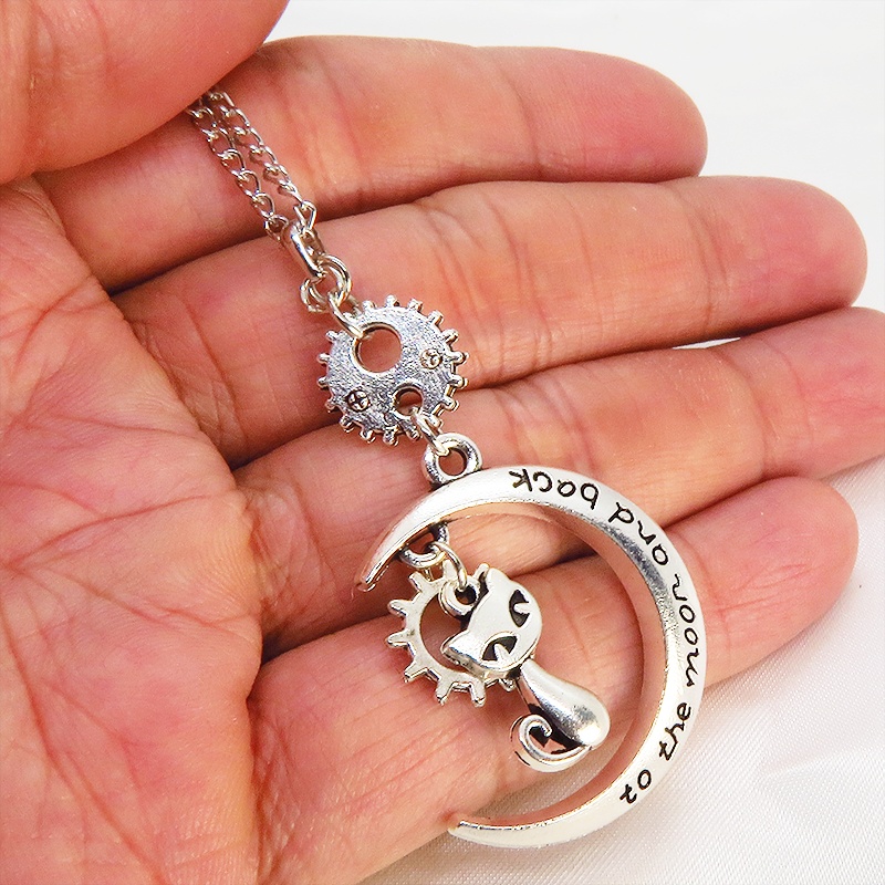 アンティークシルバー 猫と三日月と歯車・ギアのネックレス スチームパンク風 アジャスター付 SV925可 長さ変更可