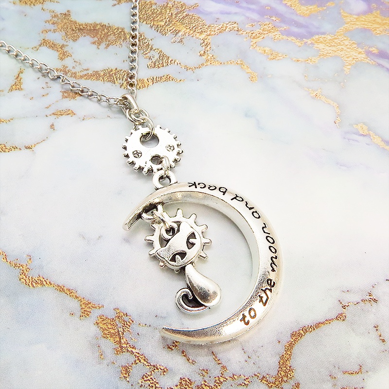 アンティークシルバー 猫と三日月と歯車・ギアのネックレス スチームパンク風 アジャスター付 SV925可 長さ変更可