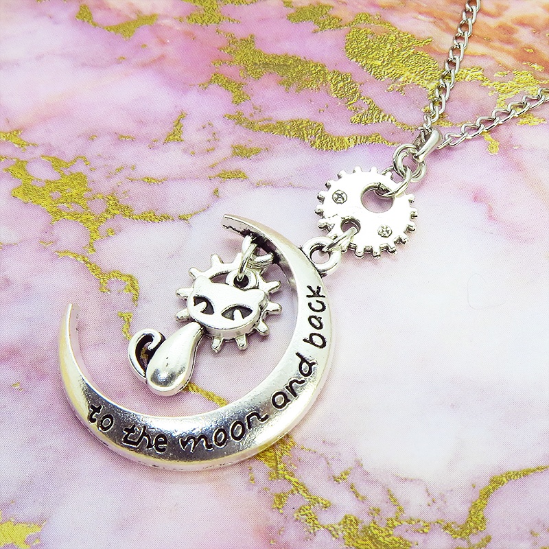 アンティークシルバー 猫と三日月と歯車・ギアのネックレス スチームパンク風 アジャスター付 SV925可 長さ変更可