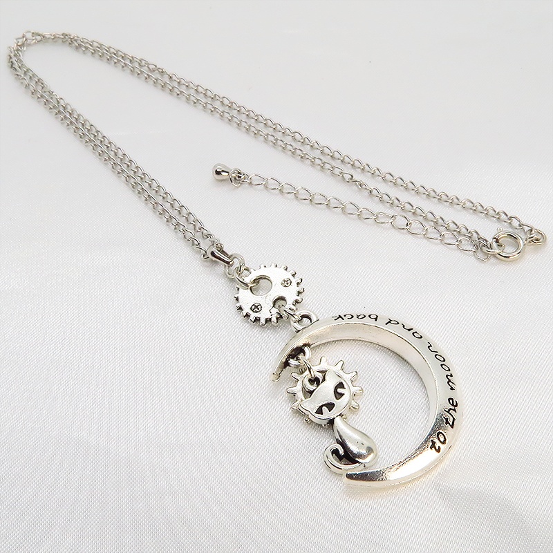 アンティークシルバー 猫と三日月と歯車・ギアのネックレス スチームパンク風 アジャスター付 SV925可 長さ変更可