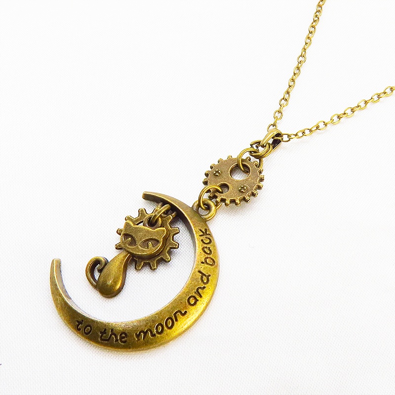 アンティークゴールド 猫と三日月と歯車・ギアのネックレス スチームパンク風 アジャスター付 長さ変更可