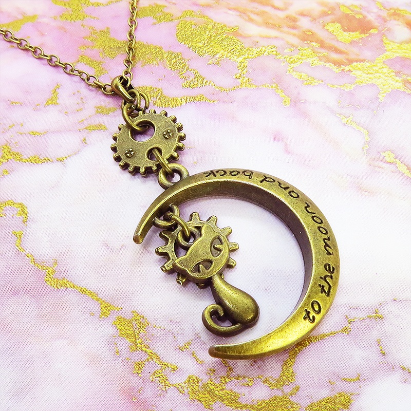 アンティークゴールド 猫と三日月と歯車・ギアのネックレス スチームパンク風 アジャスター付 長さ変更可