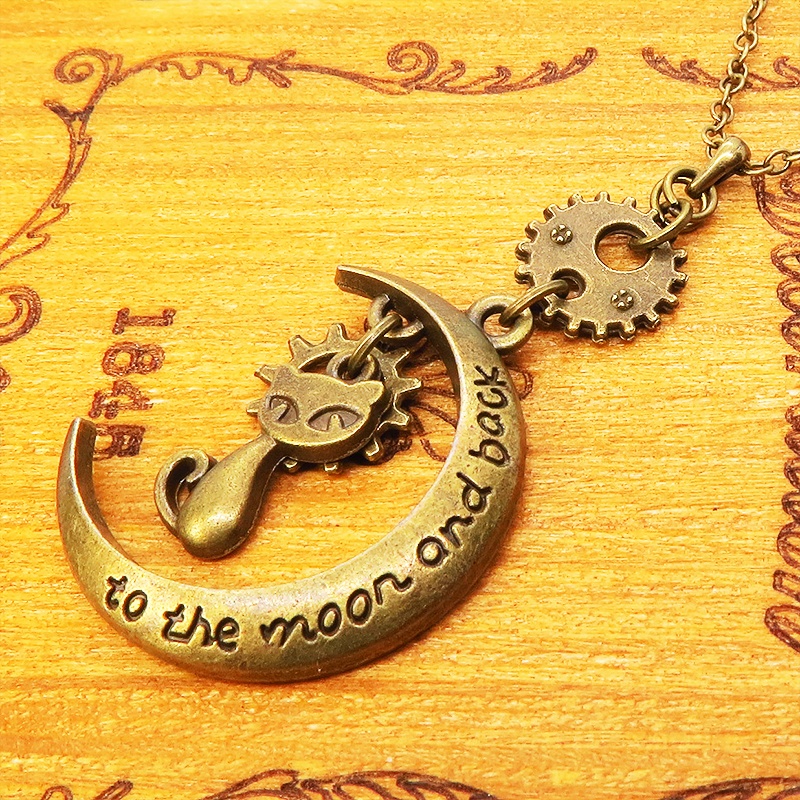 アンティークゴールド 猫と三日月と歯車・ギアのネックレス スチームパンク風 アジャスター付 長さ変更可