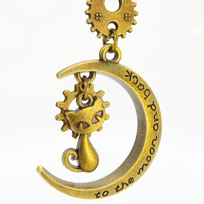 アンティークゴールド 猫と三日月と歯車・ギアのネックレス スチームパンク風 アジャスター付 長さ変更可