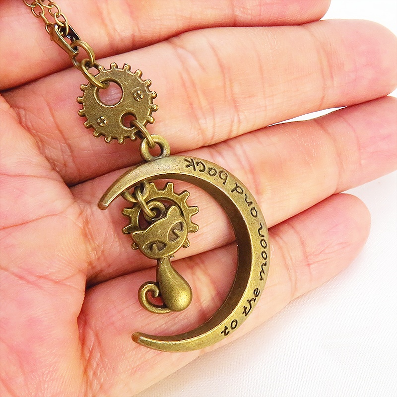 アンティークゴールド 猫と三日月と歯車・ギアのネックレス スチームパンク風 アジャスター付 長さ変更可