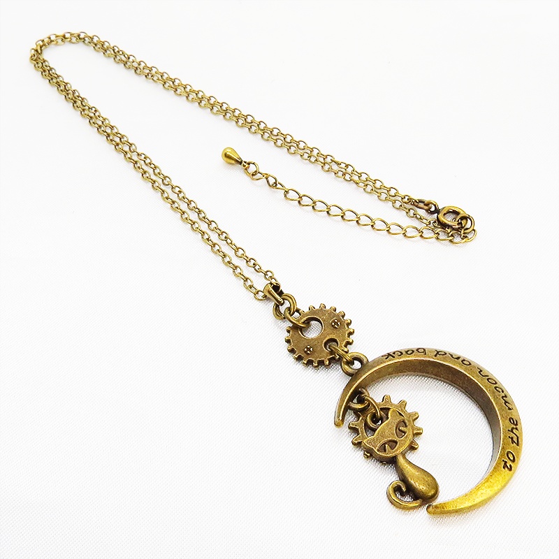 アンティークゴールド 猫と三日月と歯車・ギアのネックレス スチームパンク風 アジャスター付 長さ変更可