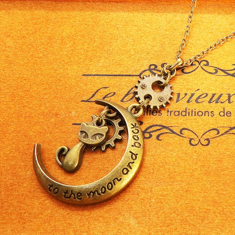 アンティークゴールド 猫と三日月と歯車・ギアのネックレス スチームパンク風 アジャスター付 長さ変更可