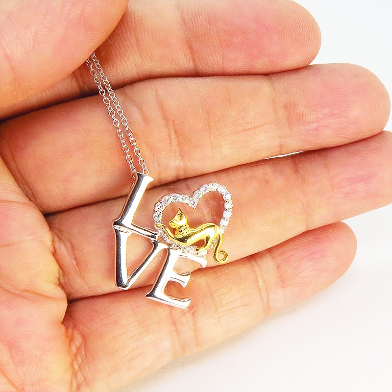 シルバー925 猫ネックレス LOVEの文字と猫とハートを組み合わせたモチーフ キュービックジルコニア 18Kゴールドメッキ
