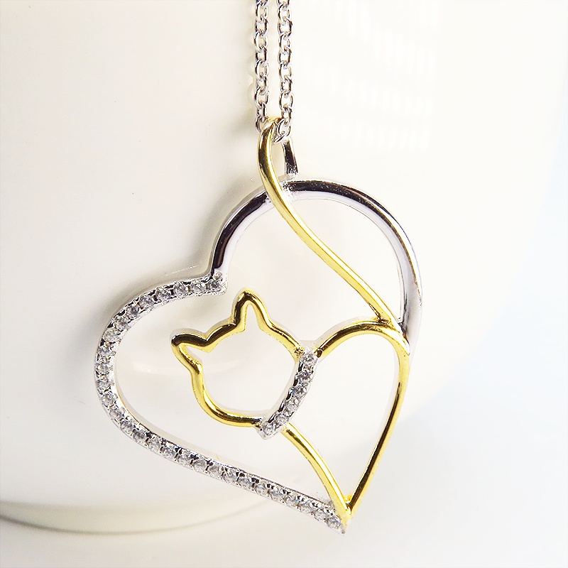 猫ネックレス オープンハートネックレス シルバー925 キュービックジルコニア 18Kゴールドコーティング