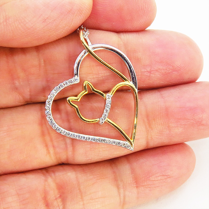 猫ネックレス オープンハートネックレス シルバー925 キュービックジルコニア 18Kゴールドコーティング