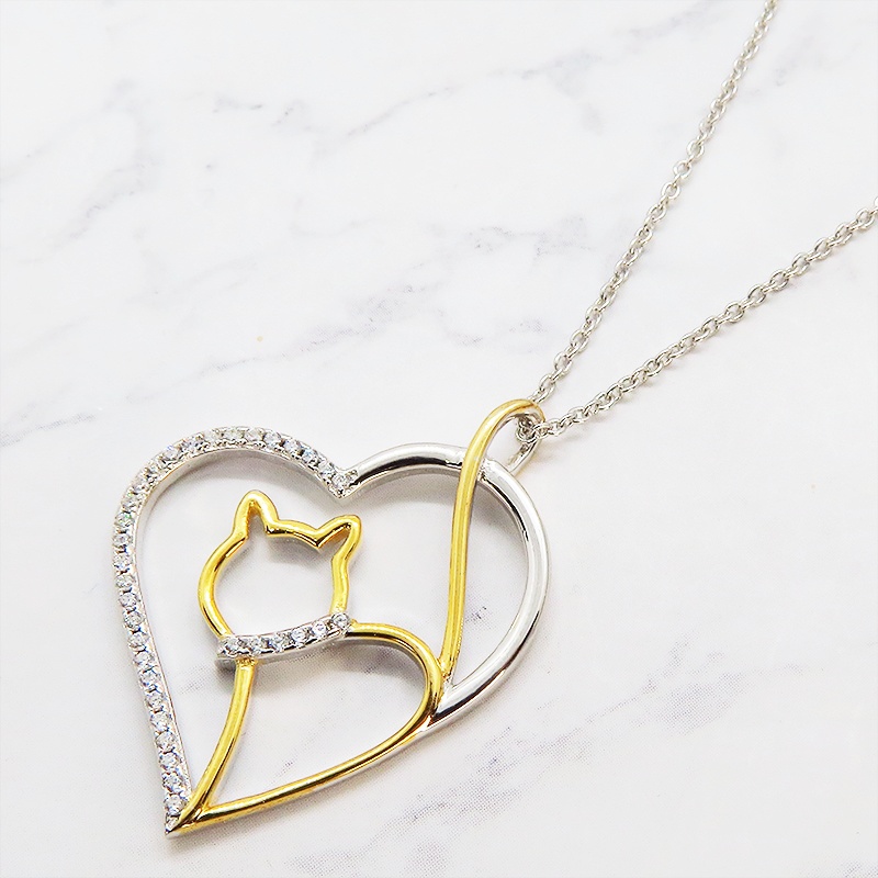 猫ネックレス オープンハートネックレス シルバー925 キュービックジルコニア 18Kゴールドコーティング