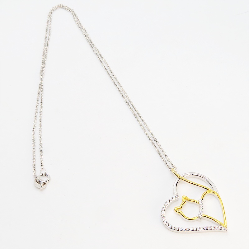 猫ネックレス オープンハートネックレス シルバー925 キュービックジルコニア 18Kゴールドコーティング