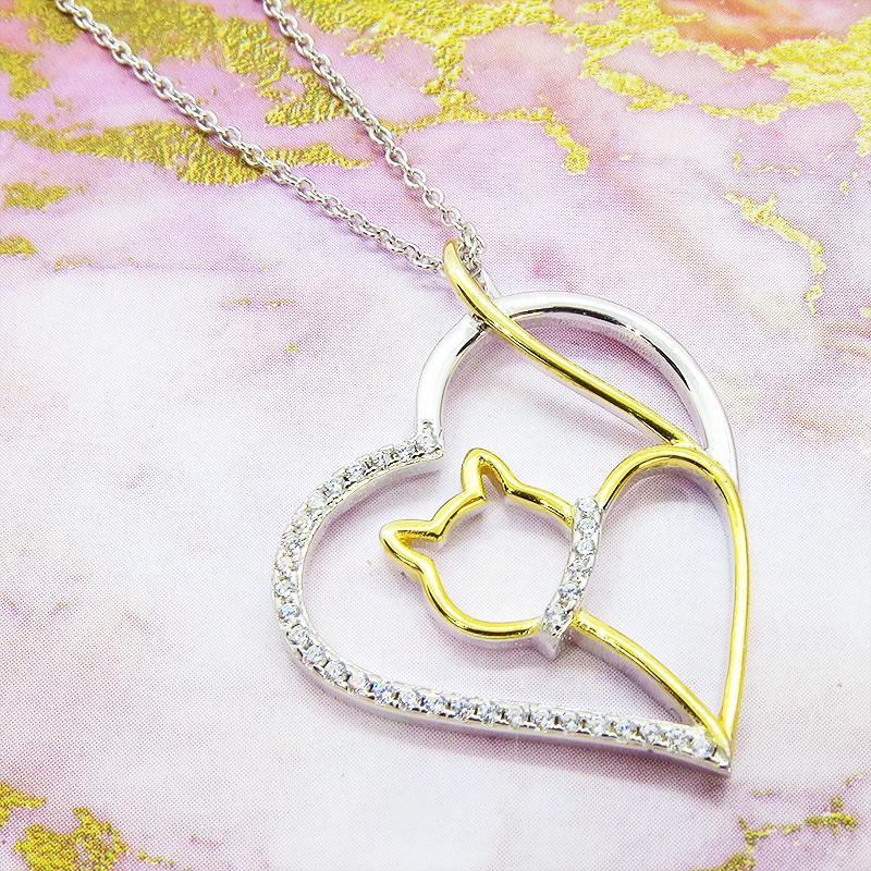 猫ネックレス オープンハートネックレス シルバー925 キュービックジルコニア 18Kゴールドコーティング