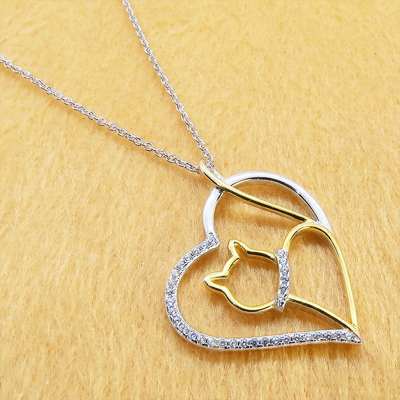 猫ネックレス オープンハートネックレス シルバー925 キュービックジルコニア 18Kゴールドコーティング