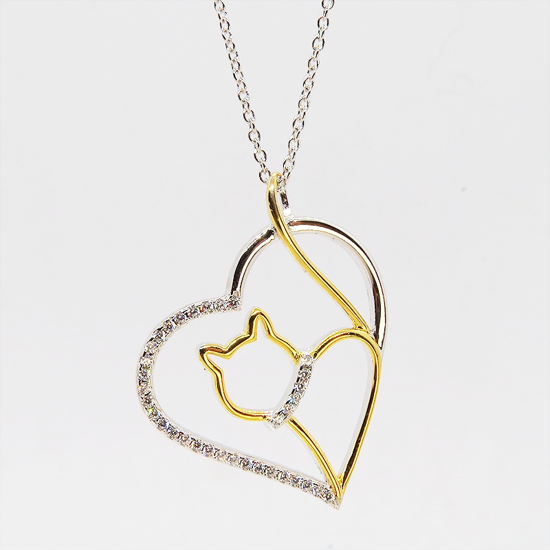 猫ネックレス オープンハートネックレス シルバー925 キュービックジルコニア 18Kゴールドコーティング