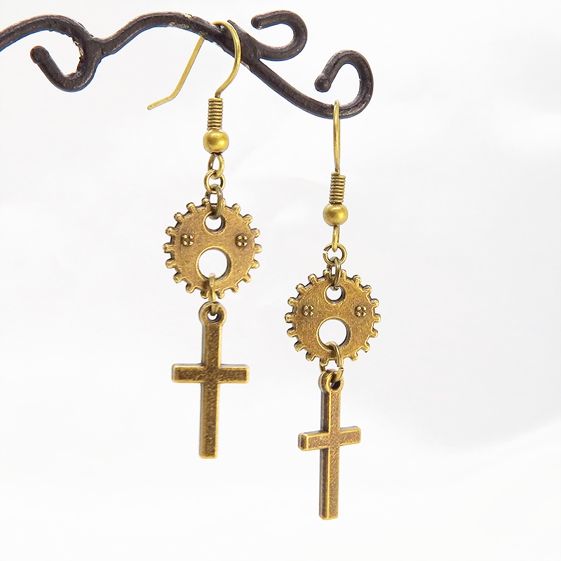アンティークゴールド ロザリオと歯車のコンパクトなピアス スチームパンク風 シンプル