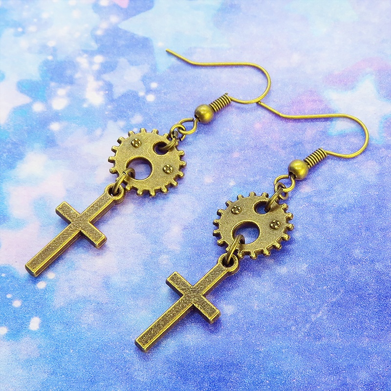 アンティークゴールド ロザリオと歯車のコンパクトなピアス スチームパンク風 シンプル
