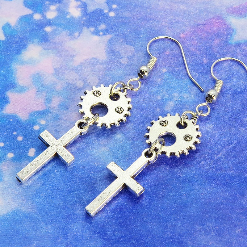 アンティークシルバー ロザリオと歯車のコンパクトなピアス スチームパンク風 シンプル