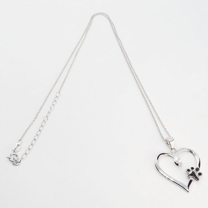 猫ネックレス オープンハートネックレス ハートに肉球のワンポイント シルバー925 キュービックジルコニア