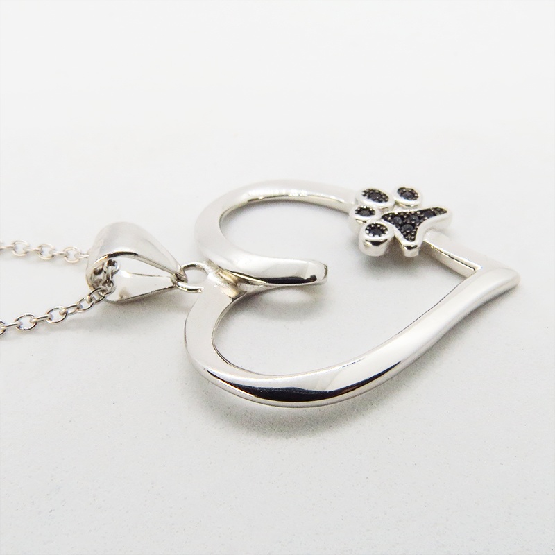 猫ネックレス オープンハートネックレス ハートに肉球のワンポイント シルバー925 キュービックジルコニア