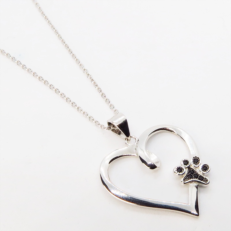 猫ネックレス オープンハートネックレス ハートに肉球のワンポイント シルバー925 キュービックジルコニア