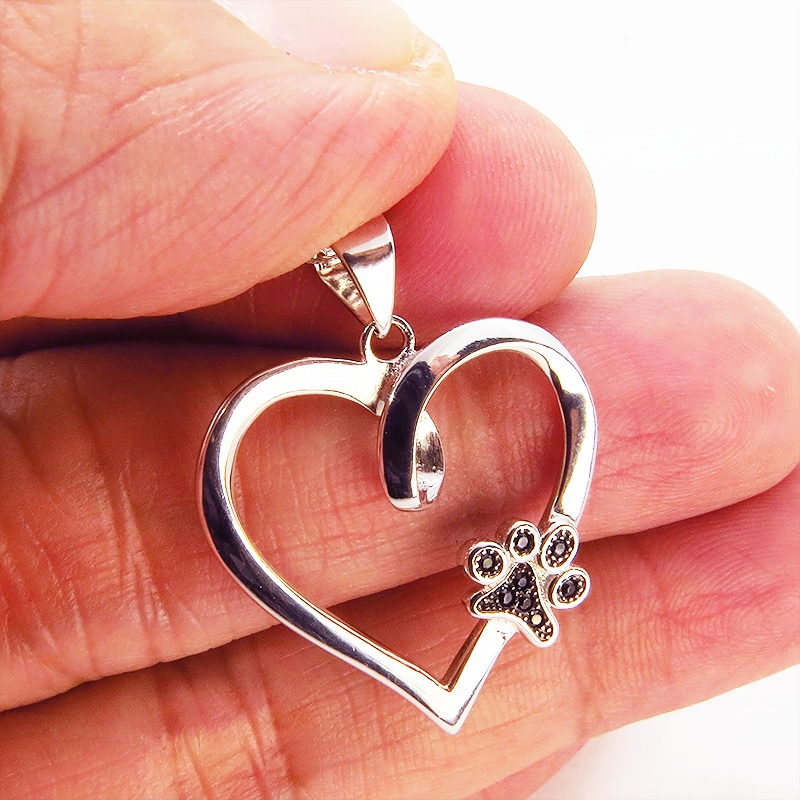 猫ネックレス オープンハートネックレス ハートに肉球のワンポイント シルバー925 キュービックジルコニア