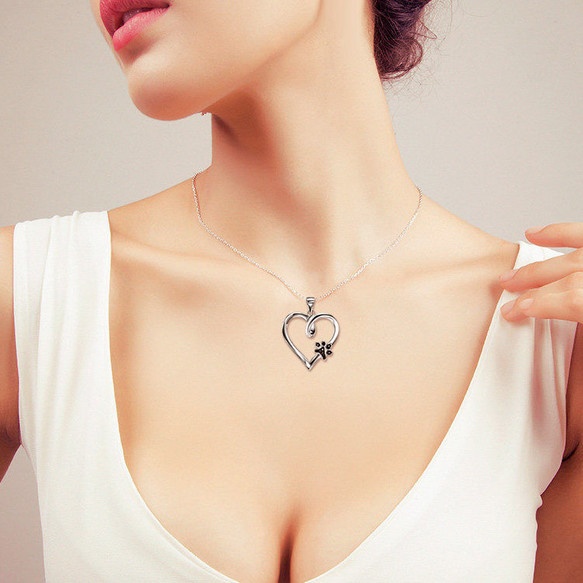 猫ネックレス オープンハートネックレス ハートに肉球のワンポイント シルバー925 キュービックジルコニア