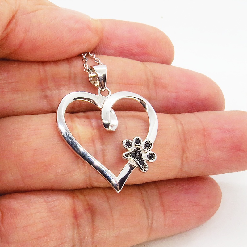 猫ネックレス オープンハートネックレス ハートに肉球のワンポイント シルバー925 キュービックジルコニア